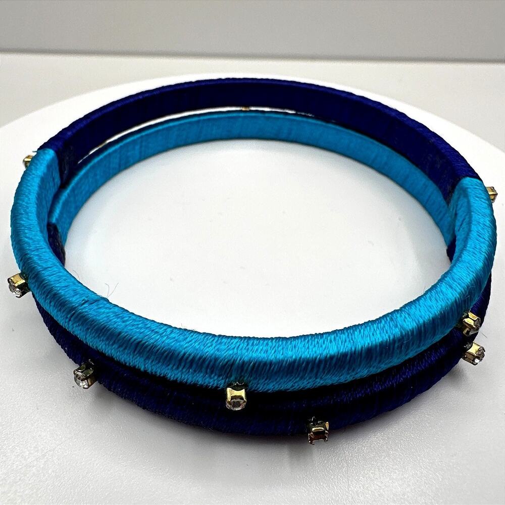 Vintage 90s Silk Thread Bracelets Set Blue Clear Rhinestone Women's Jewelry